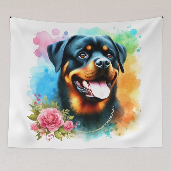 Item preview, Colorful Happy Rottweiler with Flower Watercolor Portrait designed and sold by MaedK.