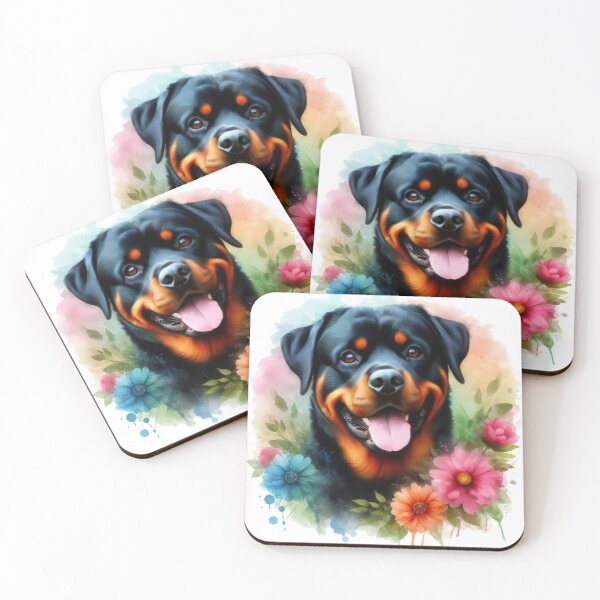 Item preview, Colorful Happy Rottweiler in Flowers Watercolor Portrait designed and sold by MaedK.