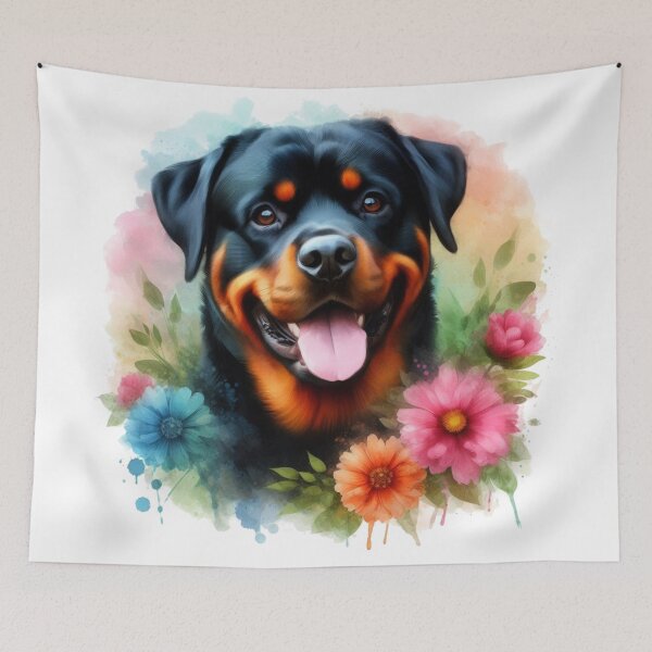 Item preview, Colorful Happy Rottweiler in Flowers Watercolor Portrait designed and sold by MaedK.