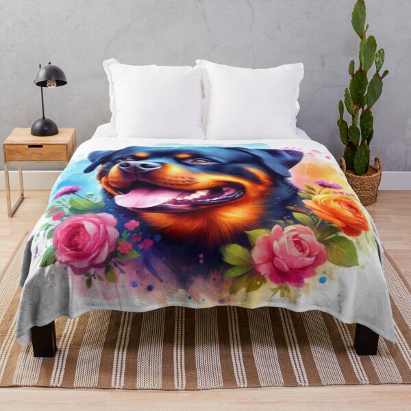 Item preview, Colorful Happy Rottweiler in Flowers Watercolor Portrait designed and sold by MaedK.