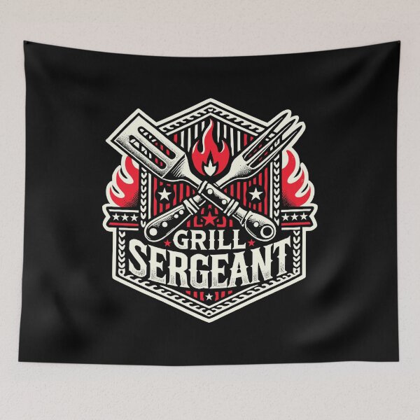 Item preview, GRILL SERGEANT - BBQ Flames - Military Badge with Stars and Stripes - Fork and Spatula designed and sold by Darling DeDe.