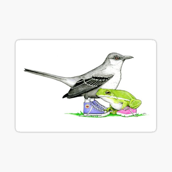 Item preview, Mockingbird and Frog in Sneakers designed and sold by JimsBirds.
