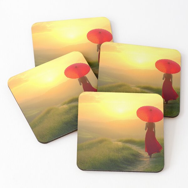 Item preview, Woman with red umbrella in serene sunset landscape designed and sold by Artessie.