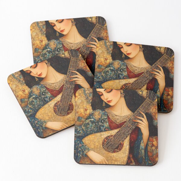 Item preview, Elegant woman playing lute in colorful mosaic style designed and sold by Artessie.