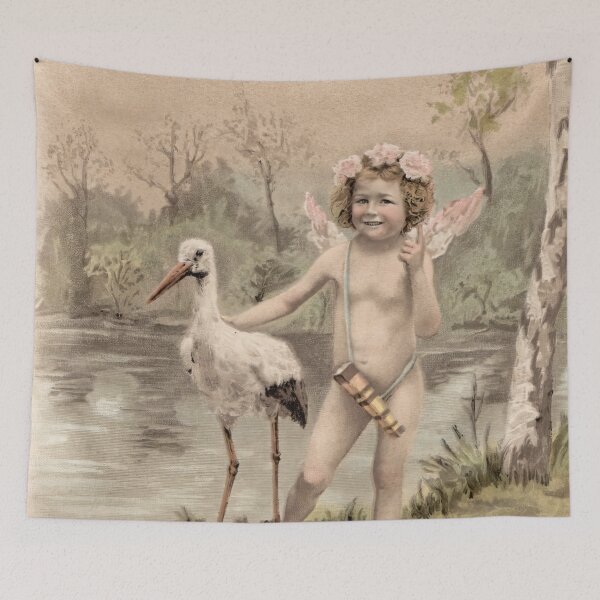 Item preview, Vintage Cherub with Stork by the Lake - Hand-Tinted Art Print designed and sold by CASturgill.