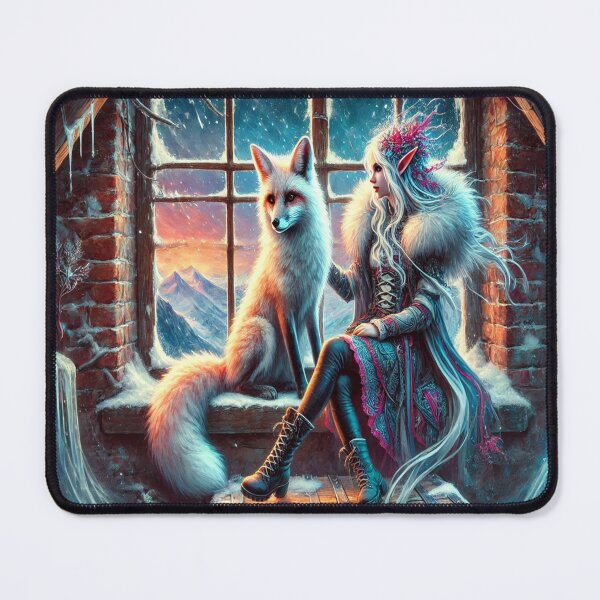 Item preview, AI generated fox and elf sitting in window, dystopian fantasy designed and sold by AI-this-is-AI.