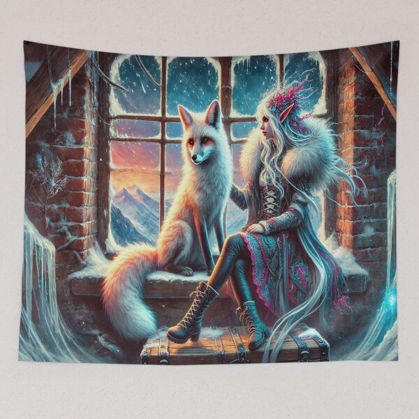Item preview, AI generated fox and elf sitting in window, dystopian fantasy designed and sold by AI-this-is-AI.