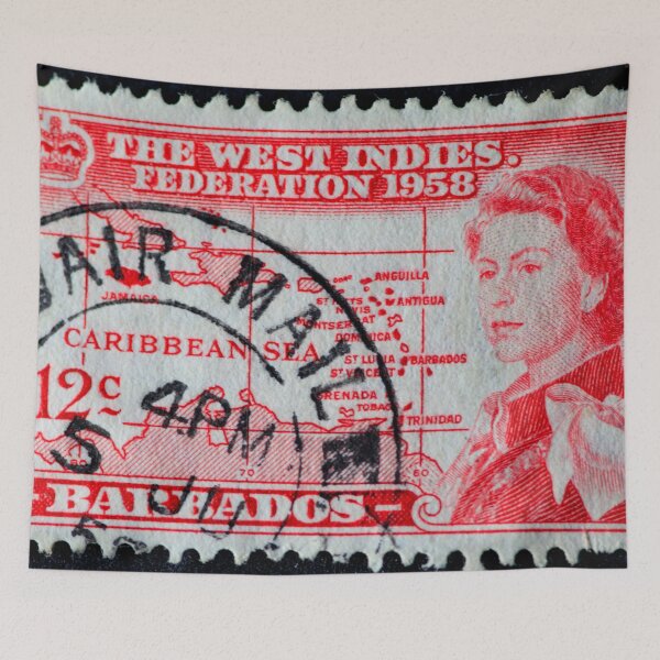 Item preview,  West Indies Federation postage SStamp with map of the Carribean and image of Queen Elizabeth in red, circa 1958 designed and sold by Photopat.