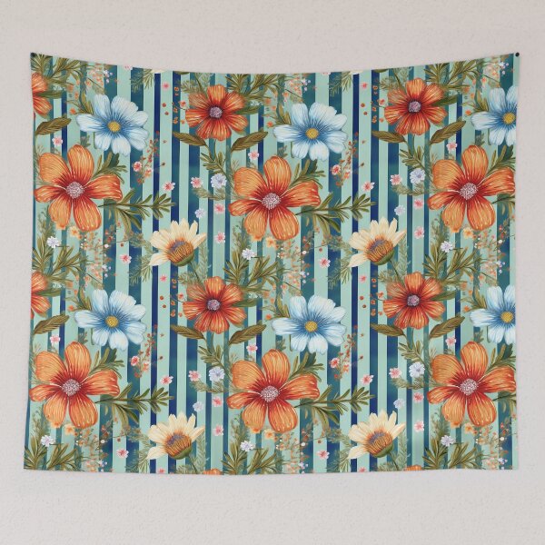 Item preview, Continuous floral and blue striped graphic pattern design with green background  designed and sold by Clara Fruggeri.