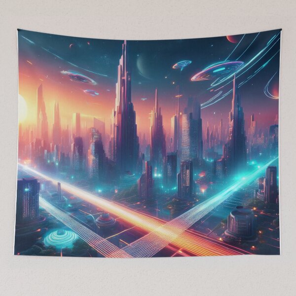 Item preview, Futuristic Neon Cityscape - Sci-Fi Artwork for Visionary Minds designed and sold by RaiyaTees.