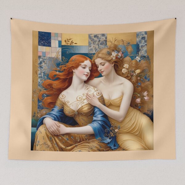 Item preview,  Beautiful painting of two  Art Nouveau Renaissance Impressionistic women together after Gustav Klimt designed and sold by Vintage Designs +.