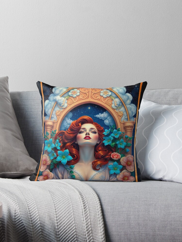 Loraa Saara amvast Blummen gëtt vun de Stäre ai Konzept Konscht vum Xzendor7 verzaubert | Kosmesch Schéinheet 3 Liora Sevara Amidst Flowers Is Enchanted By The Stars Gorgoeus AI Concept Art by Xzendor7 Decorative Art Print Throw Pillow