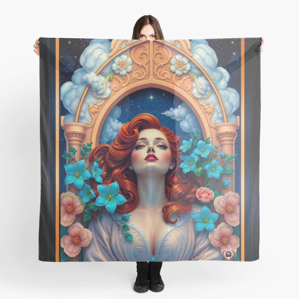 Loraa Saara amvast Blummen gëtt vun de Stäre ai Konzept Konscht vum Xzendor7 verzaubert | Kosmesch Schéinheet 4 Liora Sevara Amidst Flowers Is Enchanted By The Stars Gorgoeus AI Concept Art by Xzendor7 Decorative Art Print Ladies Scarf