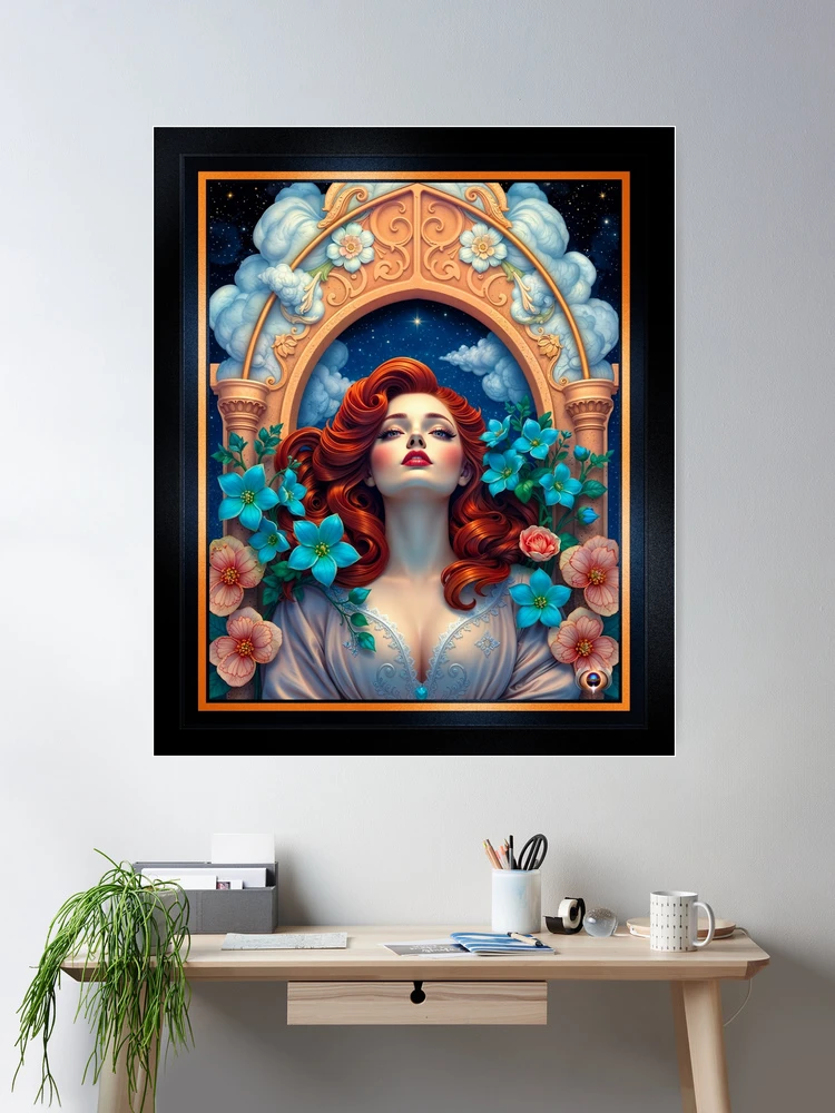 Loraa Saara amvast Blummen gëtt vun de Stäre ai Konzept Konscht vum Xzendor7 verzaubert | Kosmesch Schéinheet 2 Liora Sevara Amidst Flowers Is Enchanted By The Stars Gorgoeus AI Concept Art by Xzendor7 Wall Decor Poster Art Print
