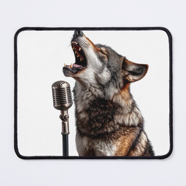 Item preview, A detailed depiction of a wolf with gray and brown fur, howling passionately next to a vintage-style microphone designed and sold by ImagineCorner.