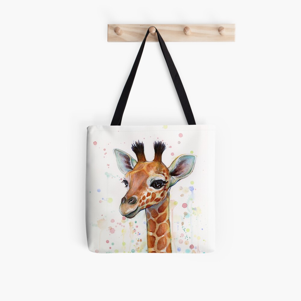 "Baby Giraffe Watercolor Painting, Nursery Art" Tote Bag for Sale by