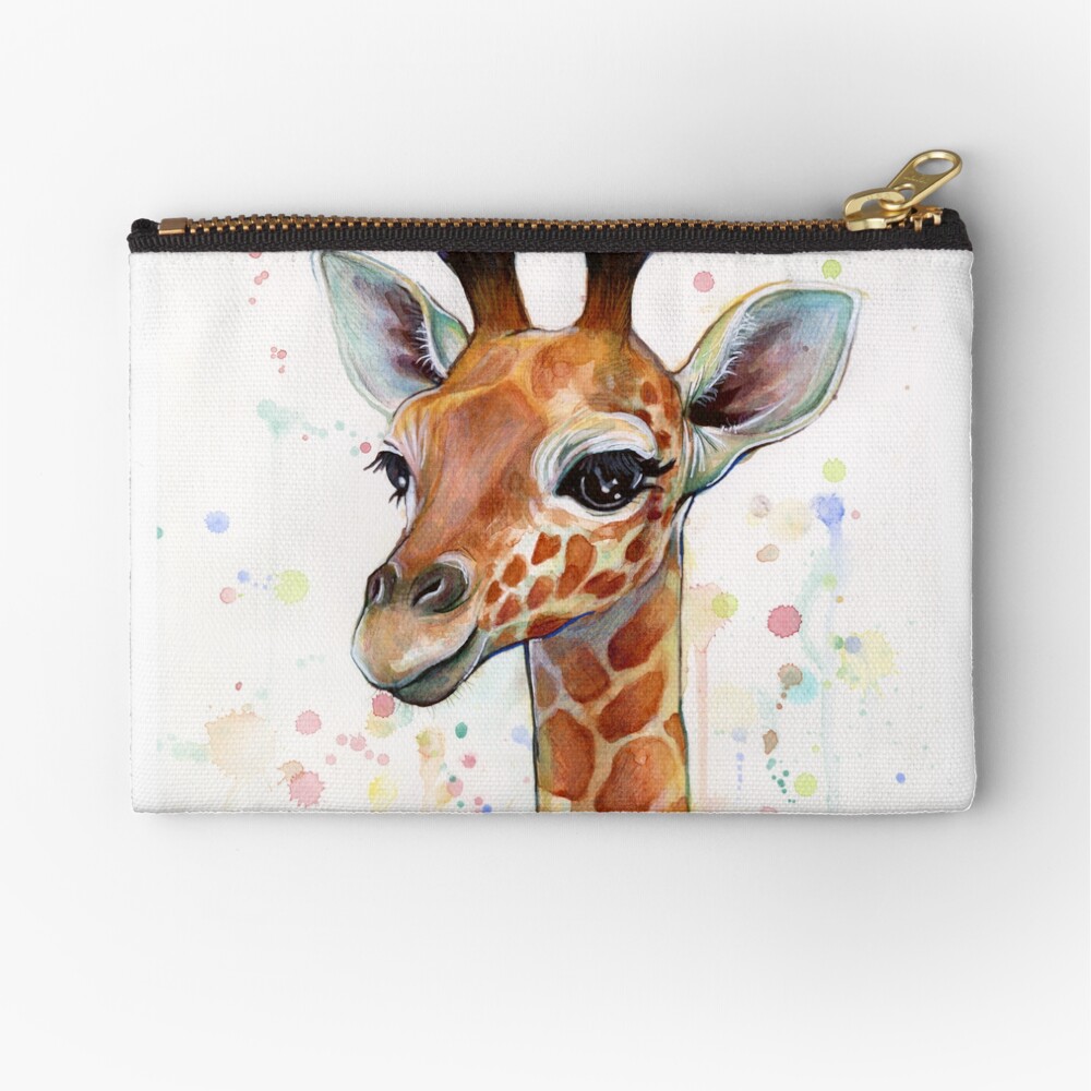 Baby Giraffe Watercolor Painting, Nursery Art Zipper Pouch