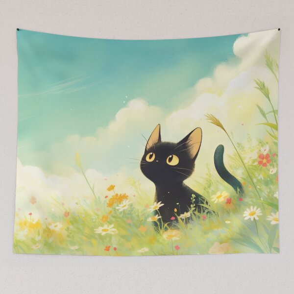 Item preview, Curious Black Cat in Blooming Fields designed and sold by AshiraCreations.