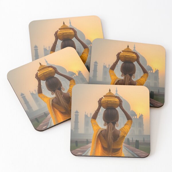Item preview, Woman in yellow sari with pot at iconic monument sunrise designed and sold by Artessie.