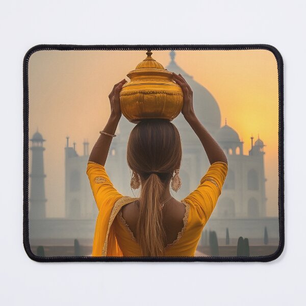 Item preview, Woman in yellow sari with pot at iconic monument sunrise designed and sold by Artessie.