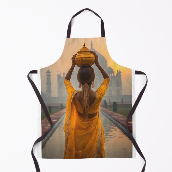 Item preview, Woman in yellow sari with pot at iconic monument sunrise designed and sold by Artessie.
