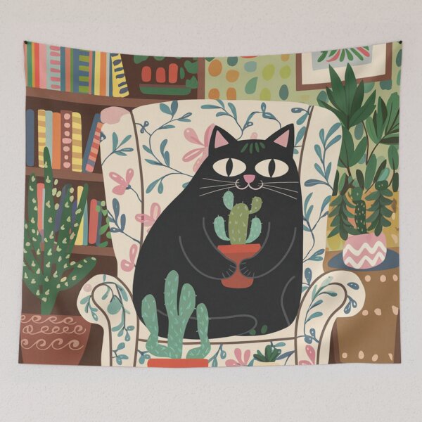 Item preview, Cacti fan! A cute black kitten is chilling in an armchair while admiring the cacti.  designed and sold by SaraSumi.