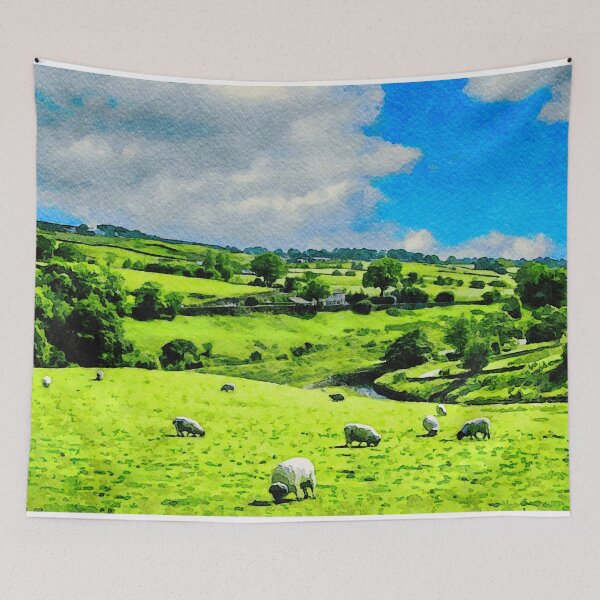 Item preview, Idyllic watercolor depiction of Lake District countryside with grazing sheep designed and sold by GestaltImagery.