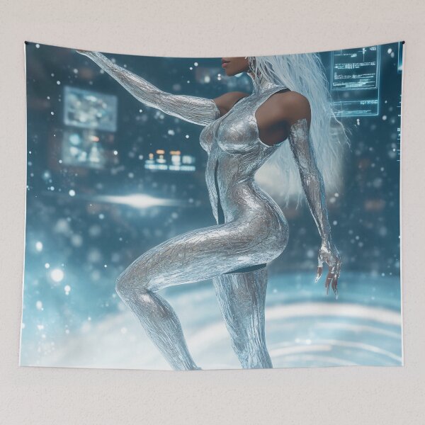 Item preview, A woman in a shiny silver outfit interacts with holographic displays while standing in water, surrounded by a high-tech environment designed and sold by anytka.