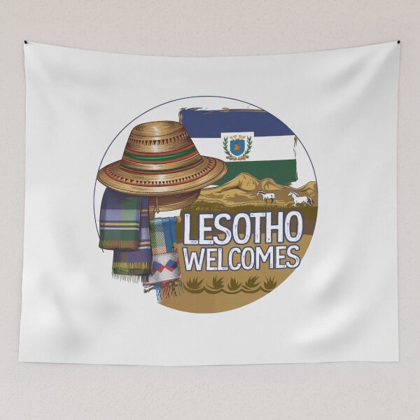 Item preview, Lesotho Welcomes Flag Map Maseru, Mountains , Basotho designed and sold by AnimalsDH305.