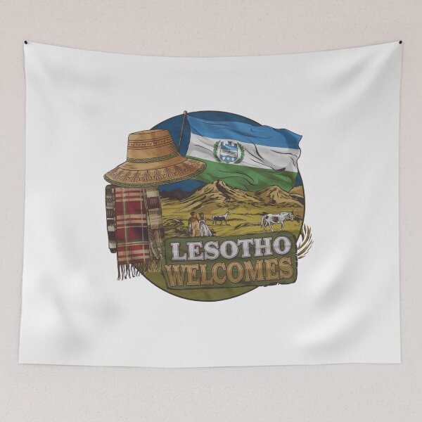 Item preview, Lesotho Welcomes Flag Map Maseru, Mountains , Basotho designed and sold by AnimalsDH305.