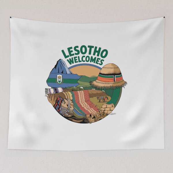 Item preview, Lesotho Welcomes Flag Map Maseru, Mountains , Basotho designed and sold by AnimalsDH305.
