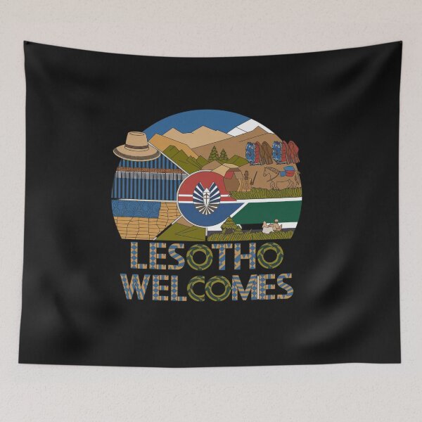 Item preview, Lesotho Welcomes Flag Map Maseru, Mountains , Basotho designed and sold by AnimalsDH305.