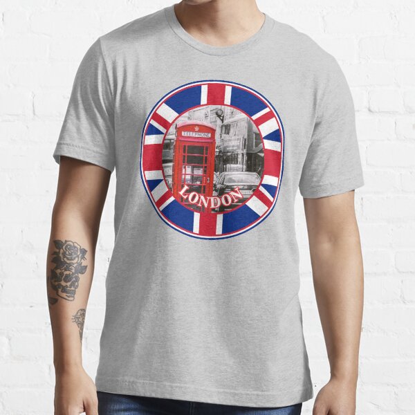 "London design with UK flag and London Phone Booth" Tshirt for Sale by