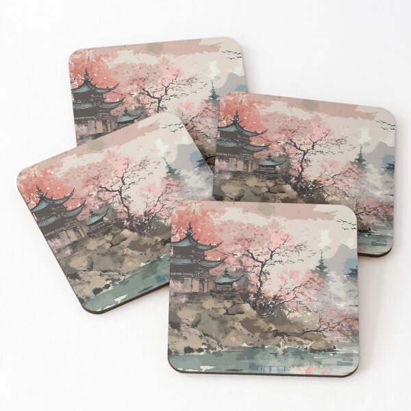 Item preview, Japan Pastel Watercolor of Temple and Cherry blossoms designed and sold by Willow Art Boutique.