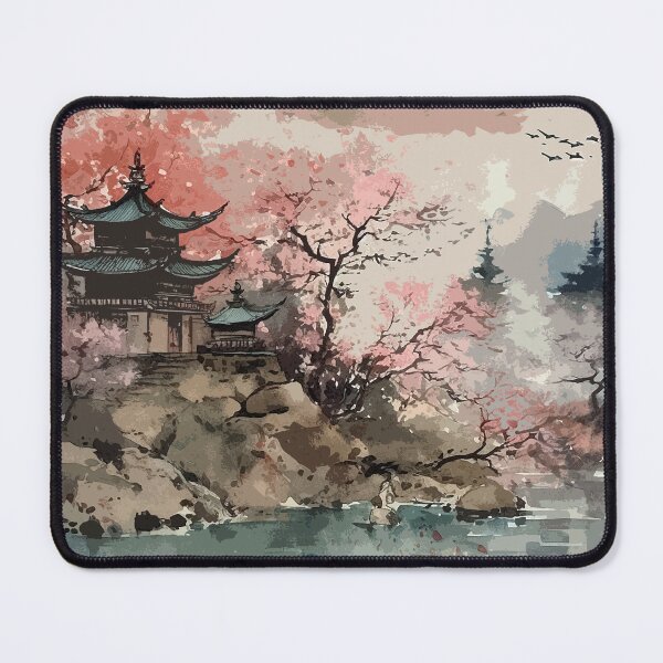 Item preview, Japan Pastel Watercolor of Temple and Cherry blossoms designed and sold by Willow Art Boutique.