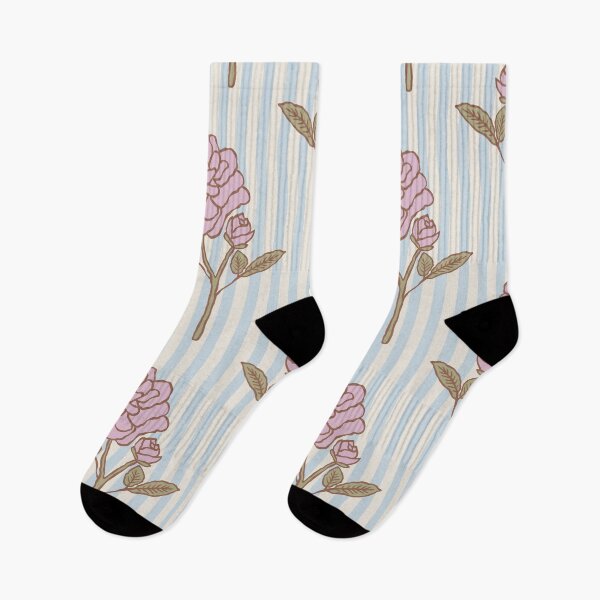 Item preview, Vintage grandmillennial cottagecore rose on blue and white vertical stripes designed and sold by Chelsea Jay.