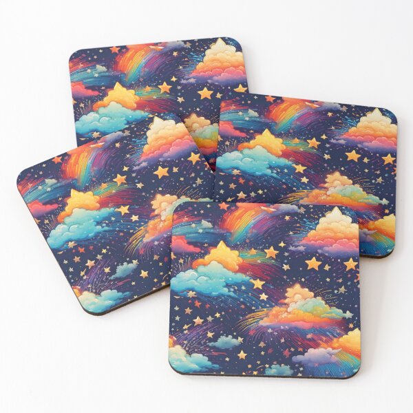 Item preview, Rainbow-colored shooting stars with fluffy cartoon clouds designed and sold by Designbes.