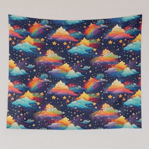 Item preview, Rainbow-colored shooting stars with fluffy cartoon clouds designed and sold by Designbes.