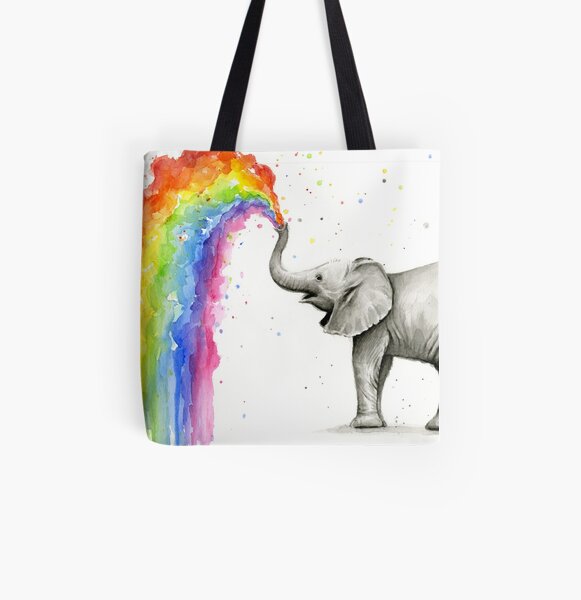 Baby Elephant Spraying Rainbow All Over Print Tote Bag