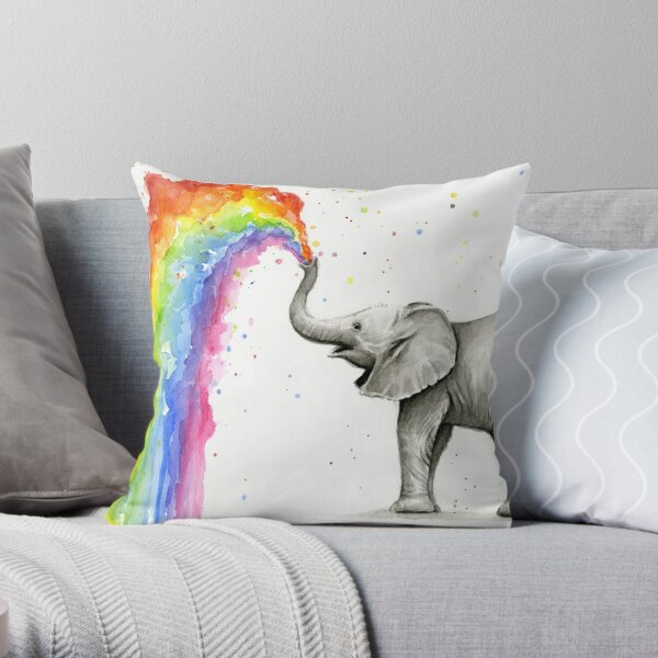 Baby Elephant Spraying Rainbow Throw Pillow