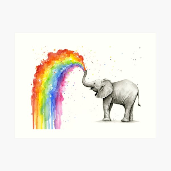 Baby Elephant Spraying Rainbow Art Print