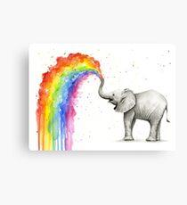 Baby Elephant Spraying Rainbow Metal Print