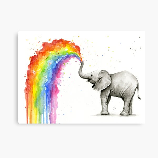 Bébé éléphant pulvérisant arc-en-ciel Impression sur toile