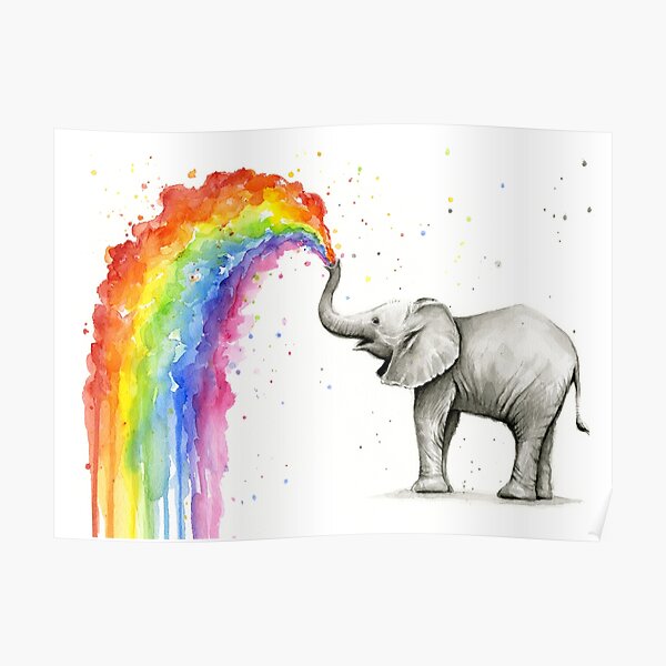 Baby Elephant Spraying Rainbow Poster