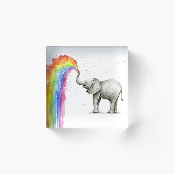 Baby Elephant Spraying Rainbow Acrylic Block
