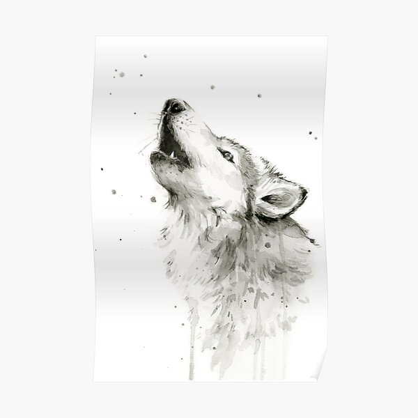 Wolf hurlant aquarelle Poster