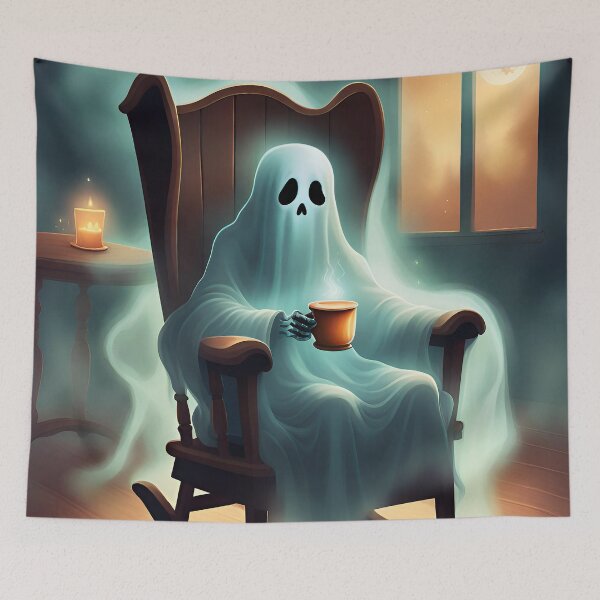 Item preview, Cozy Ghost with Tea | Halloween Illustration - Cute and spooky art for fans of autumn, mystical decoration and gothic style designed and sold by GrimmHaven.