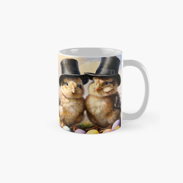 Item preview, Vintage Animal Art: Two Yellow Chicks with Black Top Hats Enjoying Spring | Animal Art | Oil Painting | Vintage Art | Gift for Easter designed and sold by UnhingedBird.