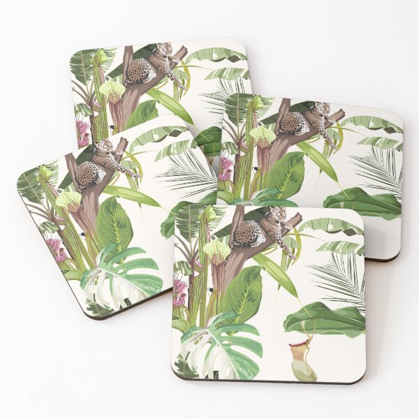 Item preview, Tiger leopard sleeping on the tree and exotic Sarracenia and tropical leaves illustration. designed and sold by MatyKotiv.