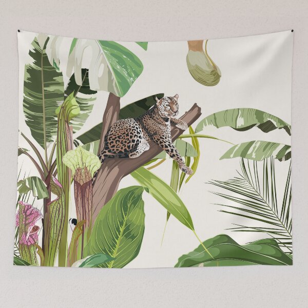 Item preview, Tiger leopard sleeping on the tree and exotic Sarracenia and tropical leaves illustration. designed and sold by MatyKotiv.